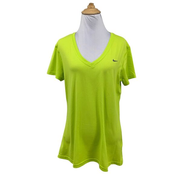 Nike T Shirt Womens M Medium Acid Lime Dri Fit Regular Fit V Neck Short Sleeve - Picture 1 of 11